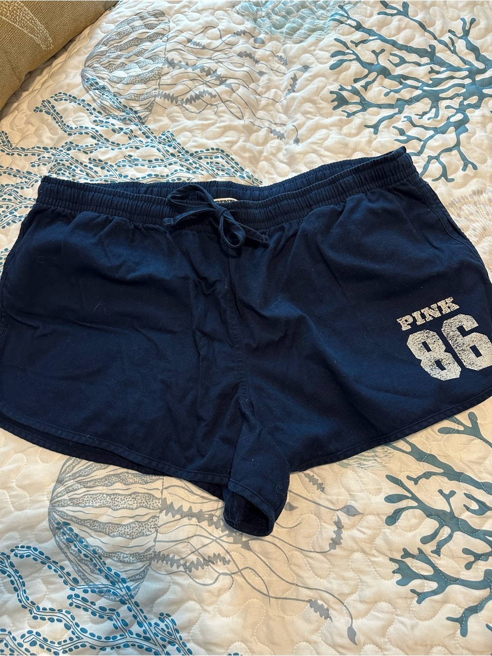 PINK Victoria's Secret Navy Lounge Athletic Shorts with White '86' Graphic